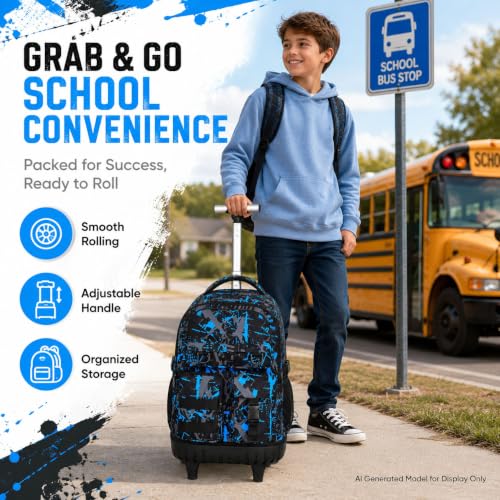 Image of CCJPX Rolling Backpack for Boys, 3Pcs Roller Wheeled School Bookbag, Graffiti Wheels Backpacks with Lunch Box for Kids (Blue)