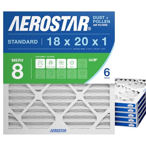 Aerostar 18x20x1 MERV 8 Air Filter, 6 Count, ACTUAL SIZE (17.50 x 19.50 x 0.75), HVAC, Air Conditioning & Furnace Filter Captures Dust, Lint & Pollen (MPR 600 / FPR 5), Made in USA
