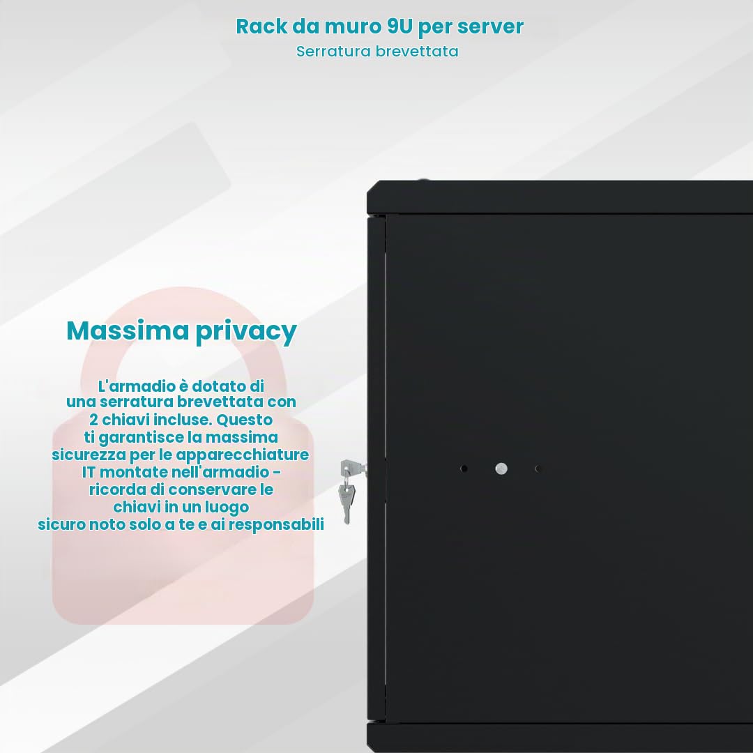 Armadio di Rete 19 Pollici - Armadio Rack 9U - Server Rack per Montaggio a Parete - Capacità di Carico 45 kg - Profondità 350 mm - Rack 19 Pollici - Nero