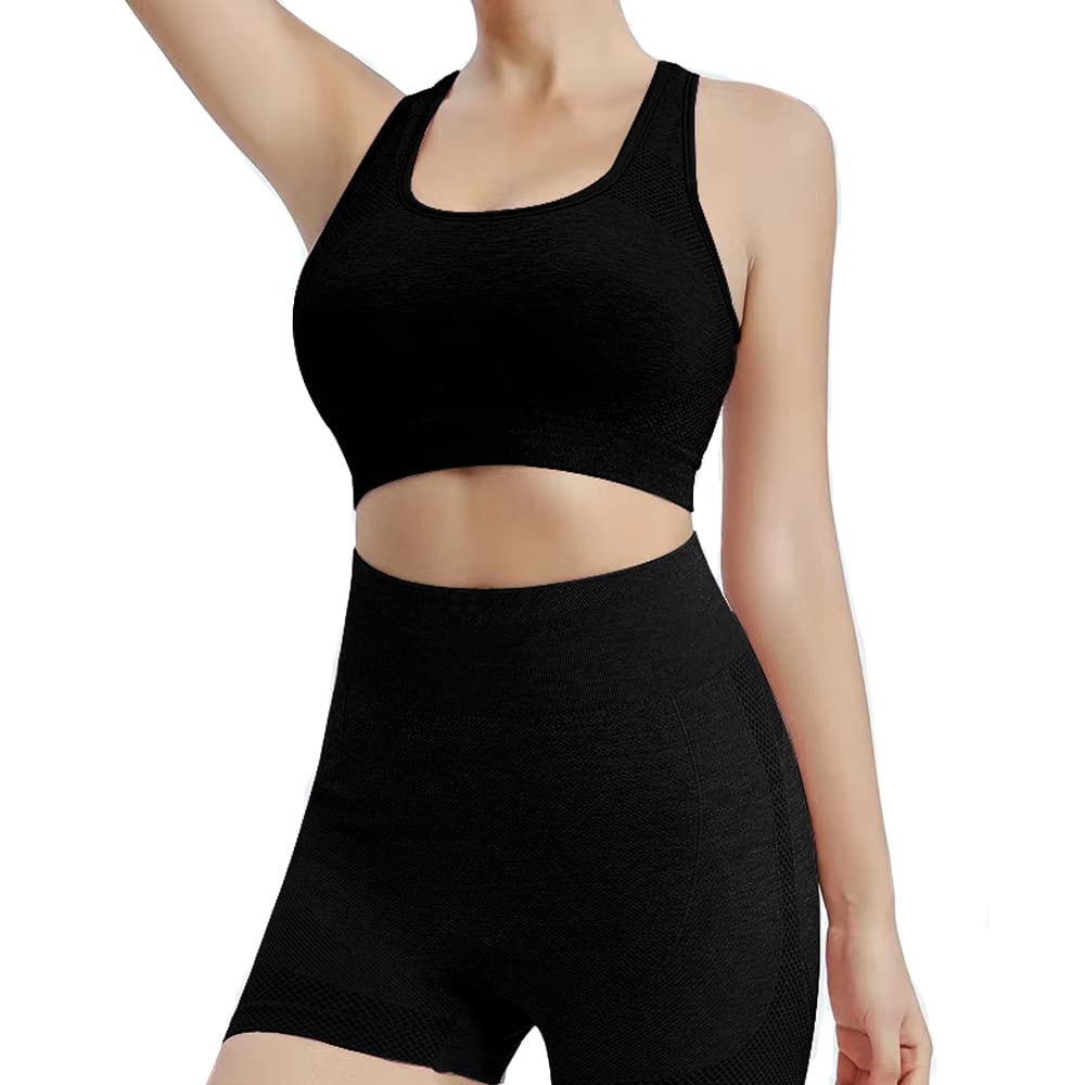 BKEPDY Conjunto Deportivo Mujer 2 Piezas Pantalones Cortos de Yoga sin Costuras Elásticos Leggings de Cintura Alta Top Deportiva Ropa de Entrenamiento para Fitness Gym Running Jogging Gimnasio Ejercicio