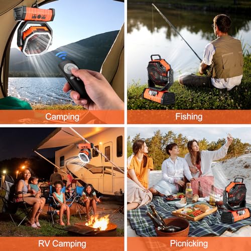 Odoland 30000mAh Oscillating Camping Fan with LED Lantern β Rechargeable, Portable Tent Fan with Timer and 4 Speeds for Outdoor Use, Orange - Image 2