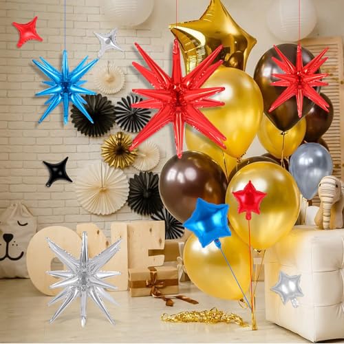 TOTAFAM 24 Pcs Star Balloons Set Explosion Balloons Foil Cone Balloon Four Pointed Star Shaped Balloon for Birthday Wedding Anniversary Party Backdrops Decorations Supplies (Red Blue Silver) by TOTAFAM - Used condition - Image 3