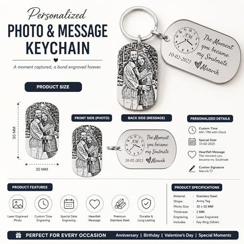 Image of Stainless Steel Couple Key Chain With Custom Photo Engraving Gift For Partners Customize Keychain Anniversary For Couples Husband Wife Wedding Birthday Valentine's Day Precious Love
