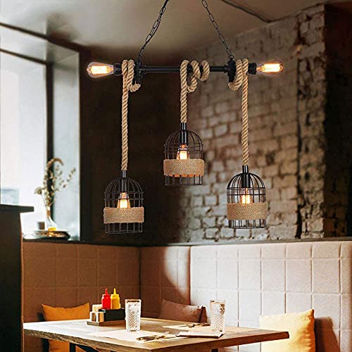 Lustre corde de chanvre 3 lampes style industriel rétro