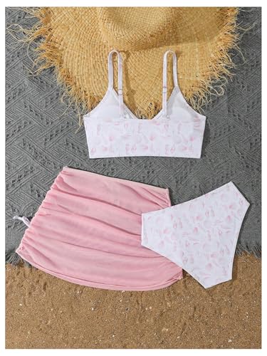 Image of COZYEASE Girls' 3 Piece Set Floral Print Bikini Swimsuit with Drawstring Beach Skirt Cute Ruched Bathing Suit