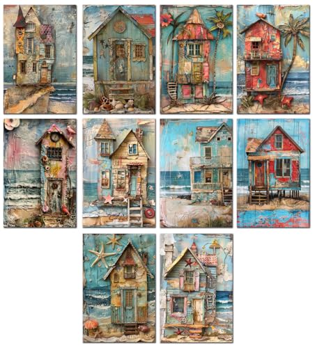 10 All Occasion Blank Note Cards with Envelopes Handmade Notecards 4x6 Abstract Art Print Folded Whimsical Beach Houses