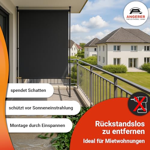 Angerer Balkonsichtschutz, Senkrechtmarkise mit Handkurbel, Terrasse/Balkon, Montage ohne Bohren, Made in Germany, hochwertiger Stoff, UV-beständig, höhenverstellbar, wasserabweisend, 150 cm Hellgrau