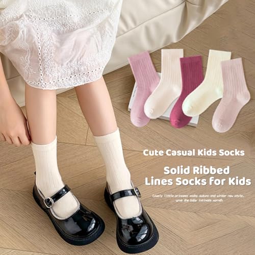 Kids Socks Mid-Calf Ribbed Cuffs Crew Socks Solid Multi Colored Casual Soft Socks for Kids 5 Pairs3