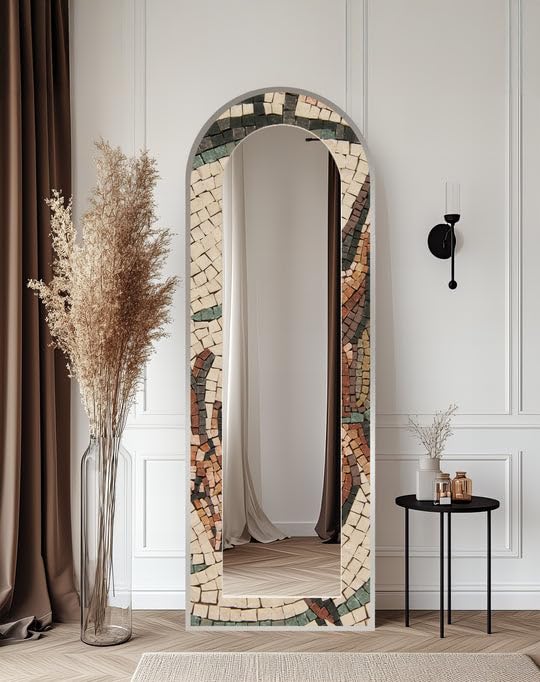 Specchio da pavimento con mosaico toscano da 63,5 x 160 cm (larghezza x altezza), specchio da pavimento rustico a mosaico ad arco con cornice nera e cornice dorata