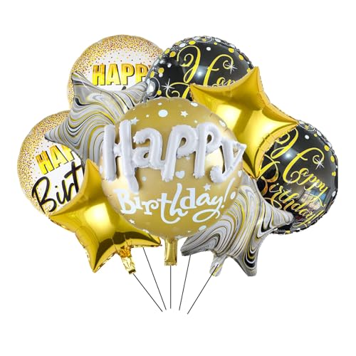 8PCS Happy Birthday Foil Balloons 18inch Black Gold Round Aluminum Mylar Balloon Inflatable Balloons for Birthday Party Decorations Supplies