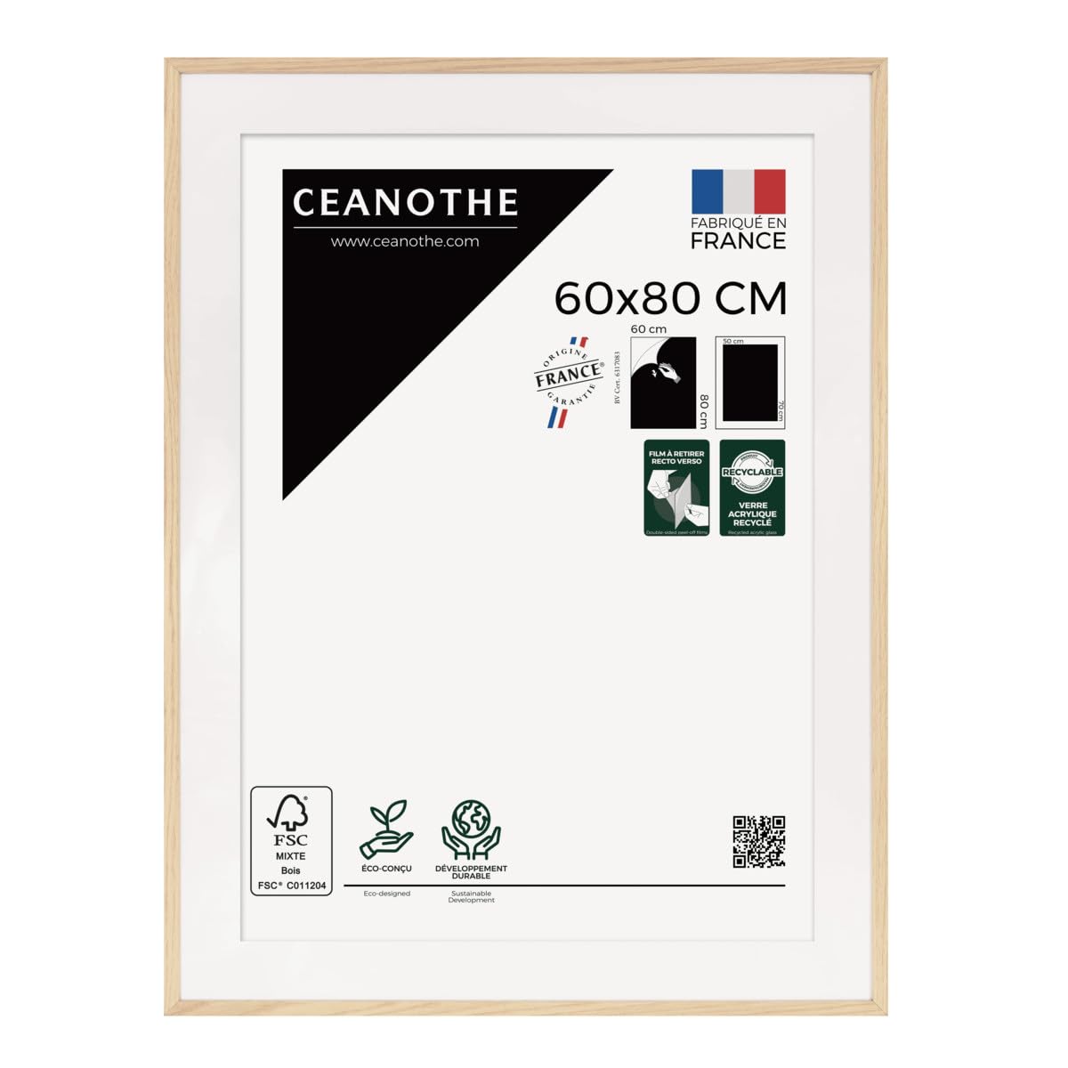 Ceanothe Cadre Photo Bois Chêne 60x80 cm avec Passe-​Partout 50x70 cm - Bois Naturel FSC pour A2 et Affiche Poster - Verre acrylique Incassable Collection ALBA - Fabriqué en France