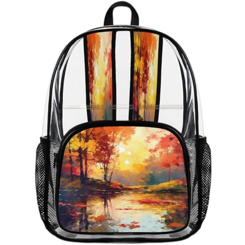Fall Maple Leaves Clear Backpack for Stadium Events, Autumn Thanksgiving Day Waterproof Clear Bag for Women Men Adult Sport Work Daily Music Festival and Concerts4