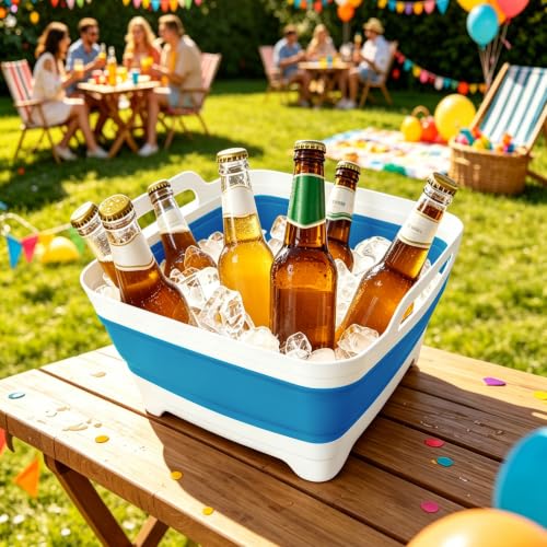 Image of FOSJGO Collapsible Dish Basin with Drain Plug, 2.4 Gal (9L) Space-Saving Foldable Sink, Wash Basin for Kitchen, Baby Bottles, Vegetable Washing, Camping, RV and Party Beverage Tubs (Sky Blue)