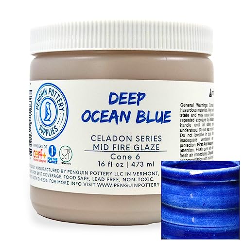 Penguin Pottery - Celadon Series - Deep Ocean Blue - Mid Fire Glaze, High Fire Glaze, Cone 5-6 For Mid Fire Clay, High Fire Clay - Ceramic Glaze Pottery (1 Pint | 16 Oz | 473 Ml) #TOP11