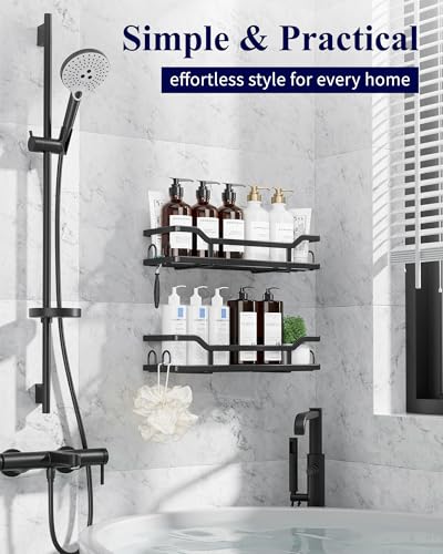 Image of Kitsure Shower Caddy - 2 Pack, No Drilling Shower Organizer with 8 Hooks, Rustproof Stainless Steel Shower Shelf for Inside Shower, Wall Mounted Shower Rack for Bathroom, Kitchen, Black