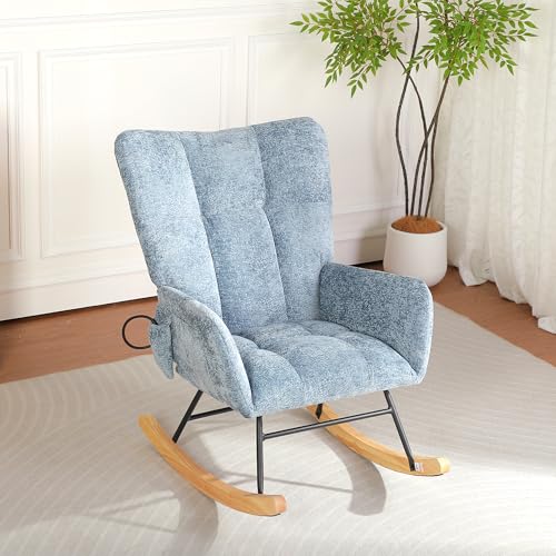 Image of Rocking Chair Nursery, Comfy Modern Nursery Rocking Reading Chair Indoor, Cozy Upholstered Glider Rocker Chairs for Living Room Bedroom Offices, Sillas Mecedoras(Chenille, Blue)