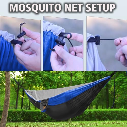 Image of Camping Hammock, Portable Hammocks with Mosquito Net,Lightweight Nylon Parachute Hammock with 10ft Tree Straps,Camping Gear Must Haves for Travel Hiking Backpacking Beach Patio-Deep Grey&Blue