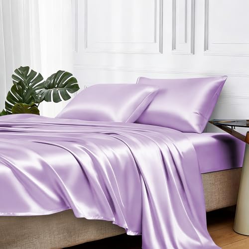Image of MR&HM Satin Bed Sheets with Elastic Corner Straps, King Size Sheets Set, 4 Pcs Silky Bedding Set with 15 Inches Deep Pocket for Mattress (King, Lilac)