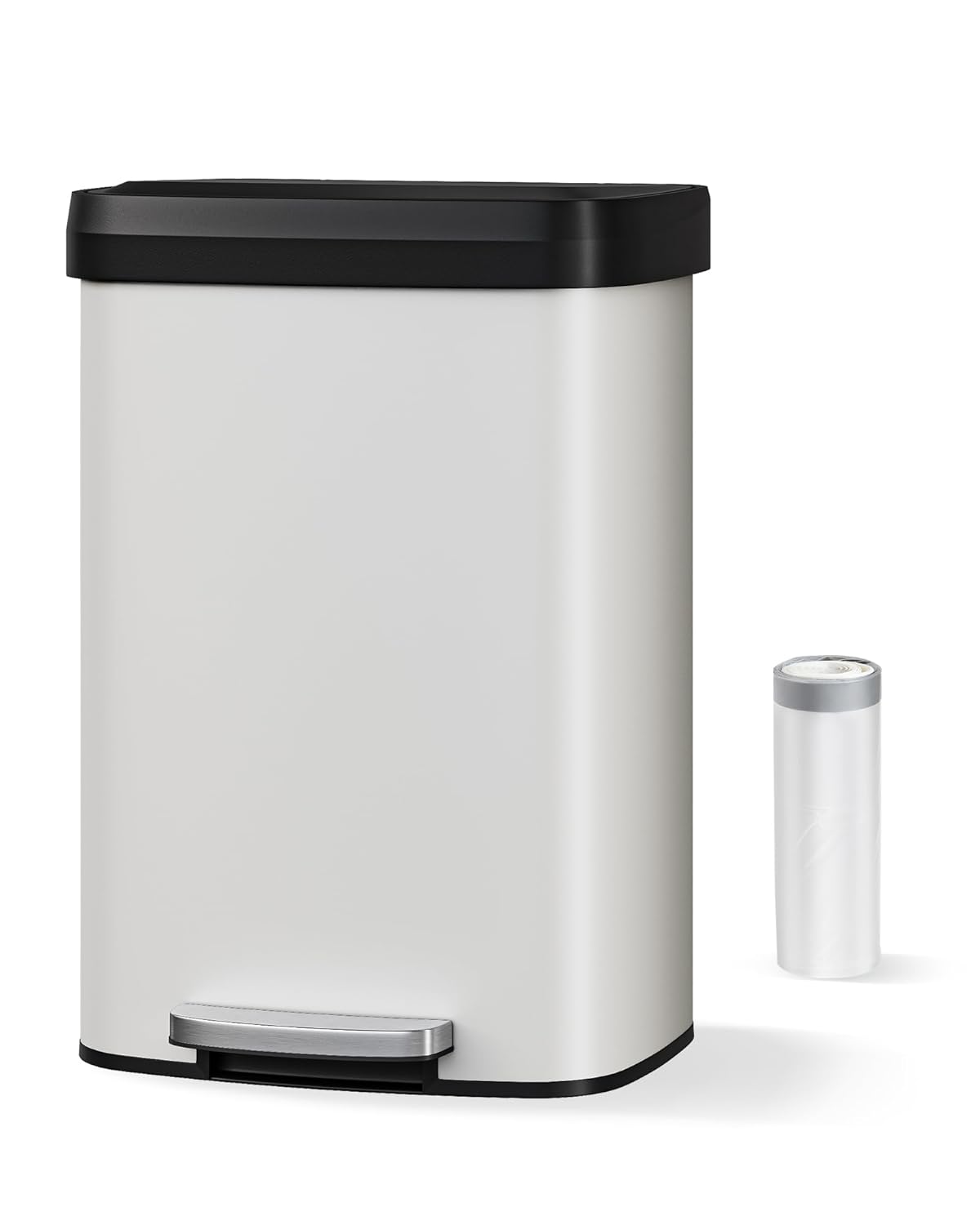 13 gal / 50 l Metal Trash Can with Lid, Rustproof Step-on Kitchen Metal Trash Bin with Liner Rim, Rear Handle, Soft Close Plastic Lid Large Garbage Can for Kitchen,Home or Office