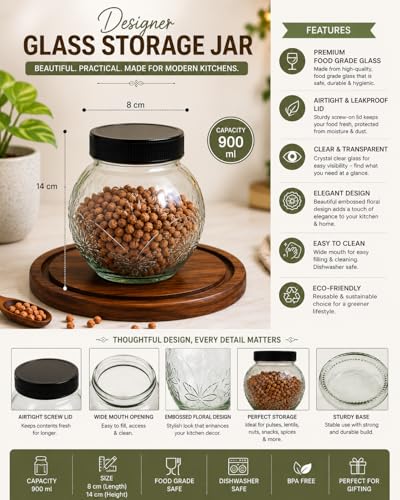 Image of Designer Transparent Glass Storage Jar with Black Plastic Airtight Lid, 900 ML Food Grade Kitchen & Pantry Storage Container, Size 8 X 14 X 14 cm, Ideal for Pulses, Dry Fruits, Pack Of 2