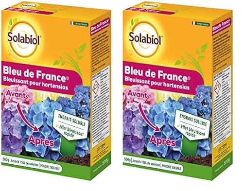 SOLABIOL Engrais Bleu De France - 2x500g - Jusqu'à 100L De Solution - Spécial Hortensias Bleu - Effet Bleuissant Rapide - Engrais Soluble - Formule Concentrée