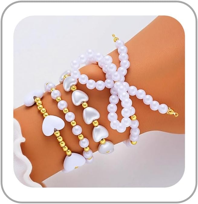 Gold Bead Bracelets for Women Stackable Beaded Bracelet Set Cross Bow Heart Pearl Beaded Stretch Bracelet Round Bead Ball Pearl Cross Bracelets Boho Prom Jewelry Costume Accessories Trendy Jewelry Gift for Women