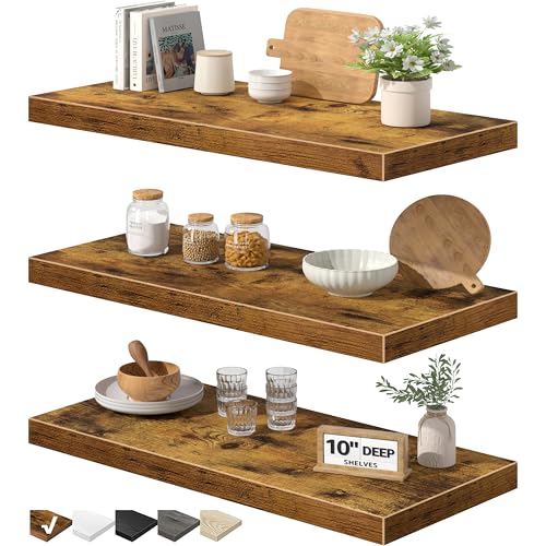 QEEIG 10' Deep Floating Shelves for Wall - 10 x 24 inch Book Shelf Bathroom Bedroom Kitchen Living Room Hanging Bookshelf Farmhouse Set of 3, Rustic Brown (025-60BN3)
