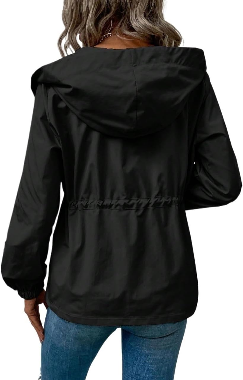 Women Winter Jacket Outwear Solid Color Drawstring Waist Zip Up Hooded Jacket