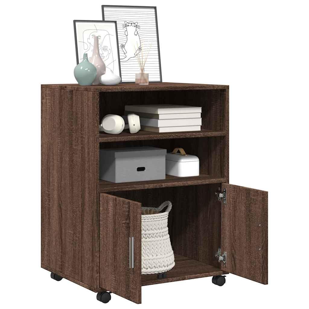 Rollschrank Braun Eichen-Optik Holzwerkstoff 60x48x81 cm mit Rollen und Flügeltürenschrank, Stauraum für Ordner und Dokumente, Büro Homeoffice Mehrzweckschrank mit Schublade und Schloss