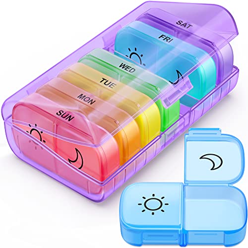 Image of Weekly Pill Organizer 2 Times a Day with Same-Side Large Opening for Easy Filling & Retrieving, Color Tracking 7 Day AM PM Pill Box with Large BPA Free Pill Case for Vitamins, Fish Oils(Purple)