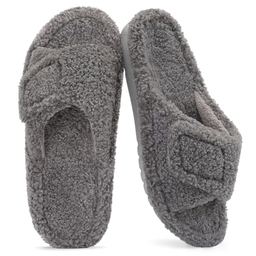 Litfun Womens Fuzzy Arch Support Slippers Orthopedic Comfy Adjustable Open Toe House Shoes, New Grey 38