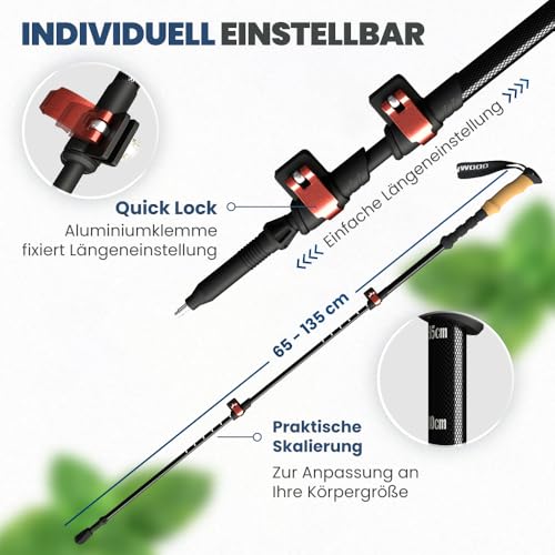 Foto von Steinwood Premium Carbon Wanderstöcke Teleskop - Trekkingstöcke Damen & Herren - Wanderstock Carbon Ultraleicht mit Kork-Griff und Gummipuffer Set