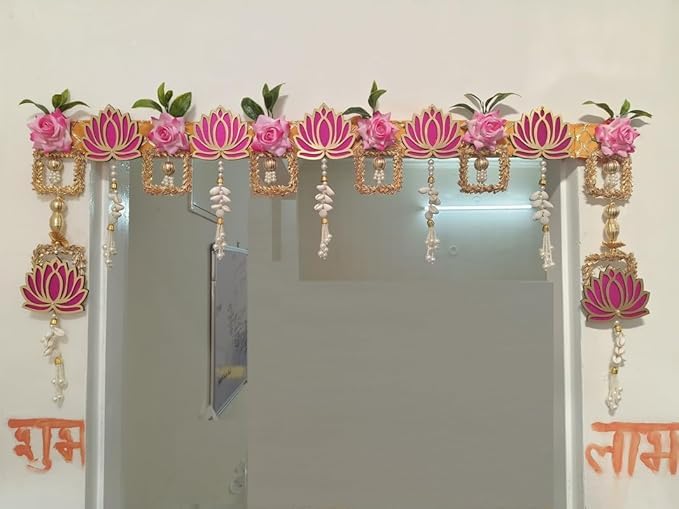 WOWINSITE Decorative Artificial Lotus Flower Toran for Door | Wall Hanging Bandhanwar with Beads & Roses | Home Entrance Décor for Diwali, Pooja, Festivals | Size 37 to 41 Inch