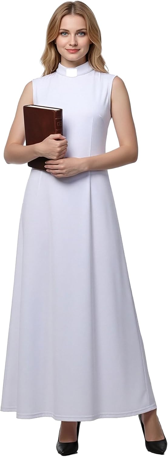 ANDHOM Women's Clergy Sleeveless Dress Tab Collar Clergy Minister Priest Outfit Priest Costume Dress