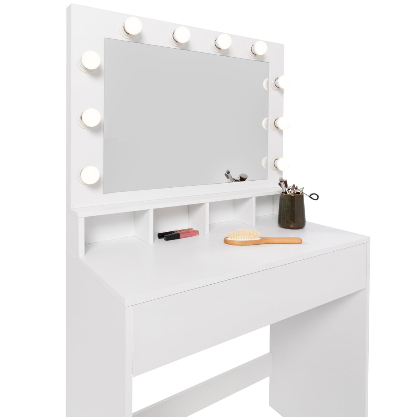 IDMarket - Coiffeuse Zelia Miroir LED avec 4 niches, 1 tiroir et Tabouret