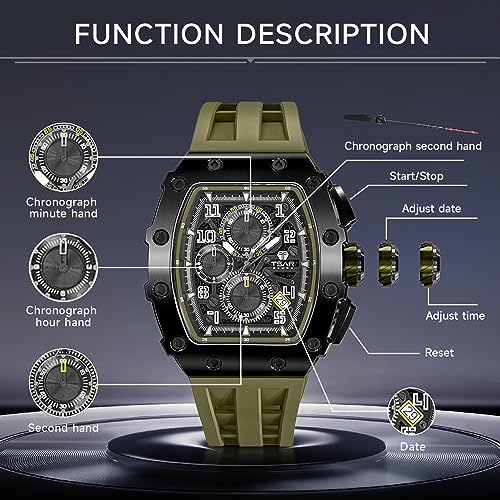 Image of TSAR BOMBA Mens Luxury Watch Watches for Men 50M Waterproof Japanese Quartz Movement Tonneau Stainless Steel Case Sapphire Glass with Chronograph Date Function Cool Unique Fashion Gift