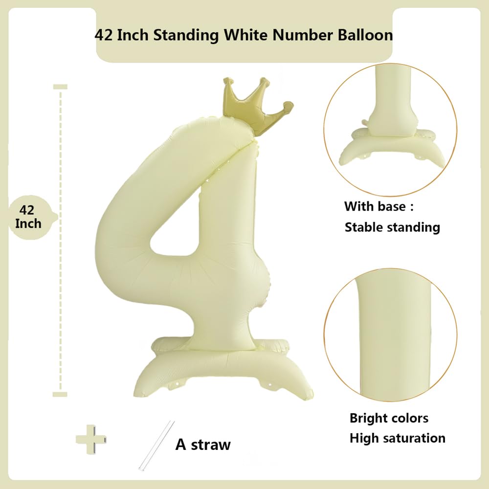 Condition photo showing New/Like New for 42 inch white number 4 balloon with base vintage frosted white crown balloon 0-9 standing number 4 balloon with crown birthday party decorations supplies