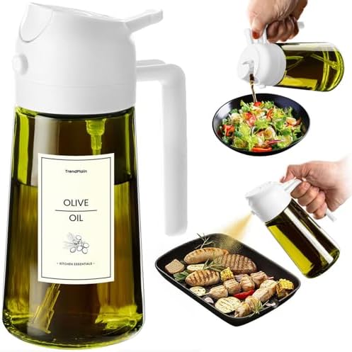 TrendPlain 16oz Ölsprüher für Speiseöl – 470ml Olivenöl Flasche – 2-in-1 Ölspender und Ölsprüher – Küchen Gadgets für Kochen, Salat und Grill (Weiß-1)