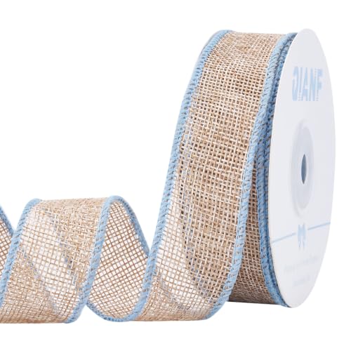 QIANF 1 Inch x 10 Yard Burlap Wired Ribbon with Blue Edge Natural Ribbon for Gift Wrapping, Bow Making, Wreath, Christmas Tree, Rustic Christmas Decorations, Wedding Decor (Blue)