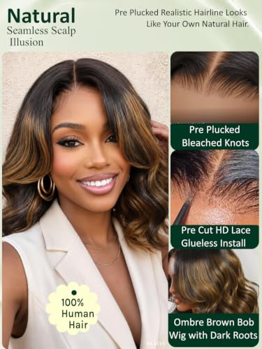 Image of KLAIYI Bye Bye Slip Ombre Highlight Balayage Brown Bob Body Wave Glueless Precut 7x5 Lace Front Wigs Human Hair Drawstring Pre Plucked Bleached Knots Face Framing 30S Ready to Wear and Go Wig 14Inch