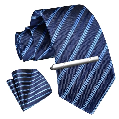 Image of Enlision Ties for Men Plaid Stripe Tie Handkerchief Woven Classic Formal Necktie Pocket Square Clip Set