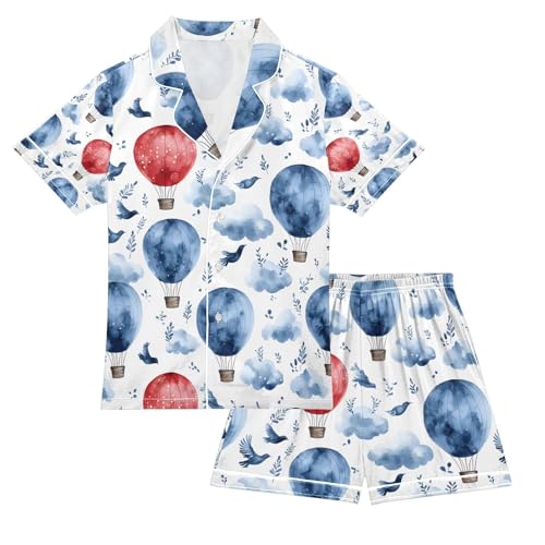 senya Animal Leaves Hot Air Balloon Satin Summer Pajama Sets Silk Short Sleeve Button Down Sleepwear