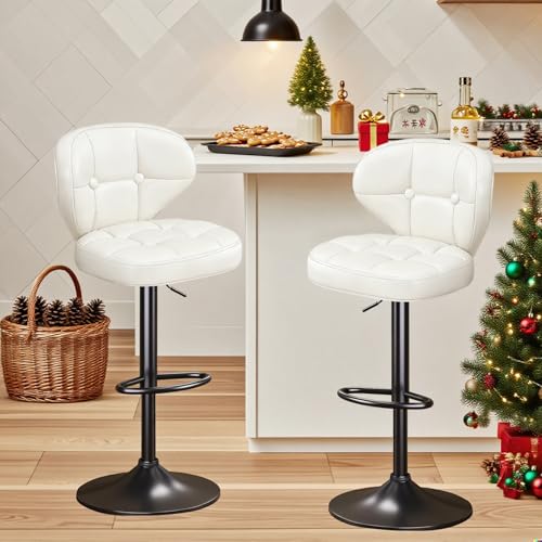 Image of Modern Bar Stools Set of 2, Adjustable Swivel Upholstered Full-Back Counter Height Bar Chairs for Kitchen Island, Dining Room, Bar White
