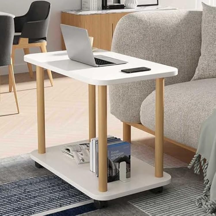 Bedside Table with Wheels 360 Degree Swivel, Small Side Tables with 2-Tier Storage Shelf, Snack table, Coffee Table on Wheels, End Table for Living Room,Bedroom,Bathroom,Balcony,Office(White) (White)