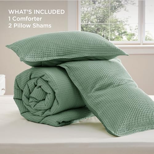 Image of Bedsure Waffle Comforter Set King, Green Soft Bedding, Waffle Weave Bed Set, 3 Pieces, 1 Comforter (104 inchx90 inch) and 2 Pillow Shams, Cotton Shell and Polyester Lining for All Seasons