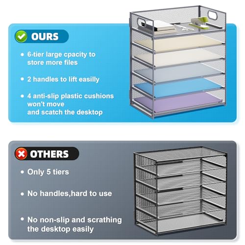Image of Marbrasse 6 Tier Paper Organizer Letter Tray - Mesh Desk File Organizer with Handle, Paper Sorter for Letter /A4 Office File Folder Holder - Grey