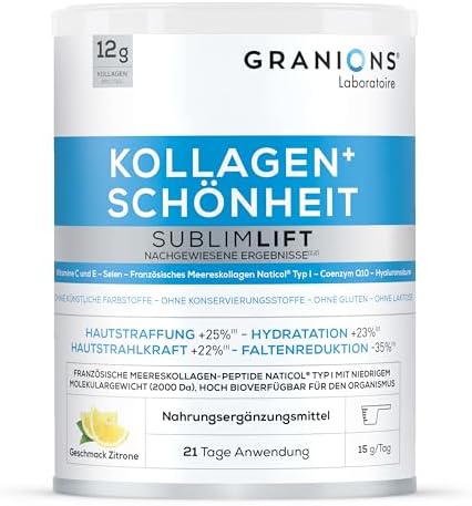 Kollagen Pulver Sublimlift - 12g Kollagen - Meereskollagen - Coenzym Q10 - Hyaluronsäure - Vitamin C, Vitamin E - Zitronengeschmack - Meereskollagen Pulver 315 G - Granions