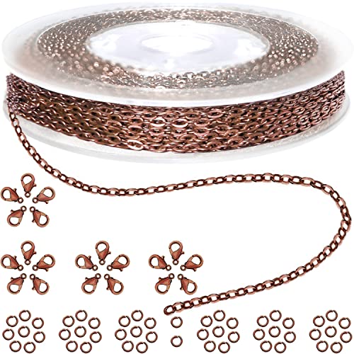 Jishi 33ft Link Cable Chain Roll 2mm, Red Copper Chain for Jewelry Making Necklace Earring Bracelet DIY Craft Jewelry Making Findings Supplies, Copper Plated Iron Metal Rolo Necklace Chain Spool Set