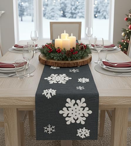 KAMACA XL Tischläufer 30x170 cm winterliche Tischdekoration in Grau mit beflockten Schneeflocken stilvoller Läufer für Küche Esszimmer und Wohnzimmer Winter Weihnachten (Eiskristalle 30x170)