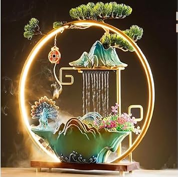 Tabletop Water Fountains, Indoor Water Fall with LED Light Zen Decor for Meditation with Mist, Japanese Decor with Fake Plants Feng Shui Decor for Good Luck Wealth